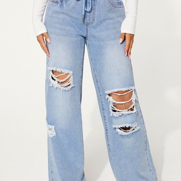 Light Wash Casual Women's Drawstring Waist Cut Out Ripped Wide Leg Jeans - Picture 4 of 5